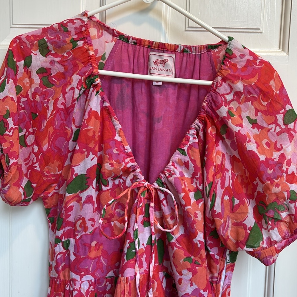 BANJANAN Norma Dress Womens XL Pink Floral Maxi Cotton Short Sleeve Pockets - Picture 2 of 8